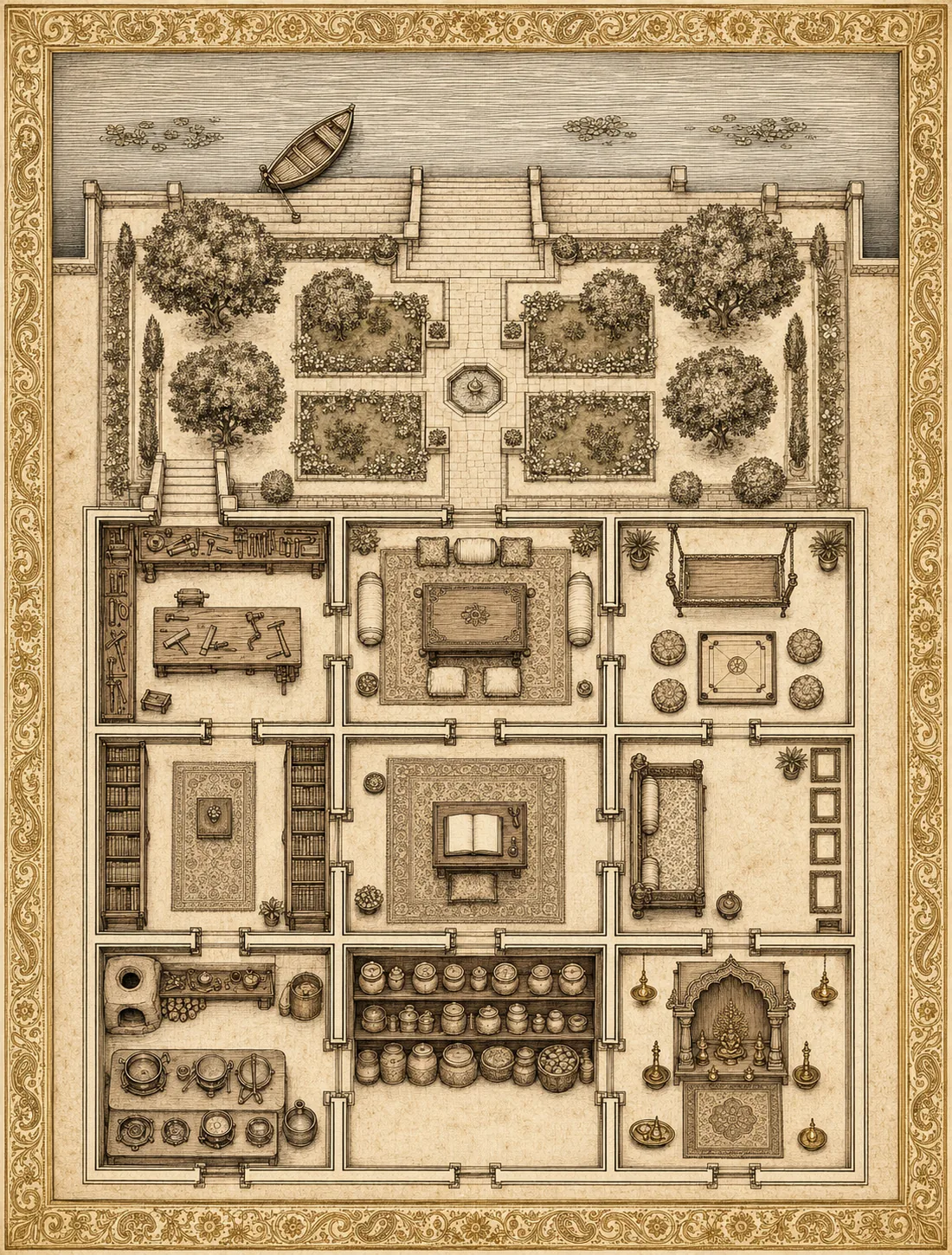 Floor plan of the house, the garden above it and the lake beyond